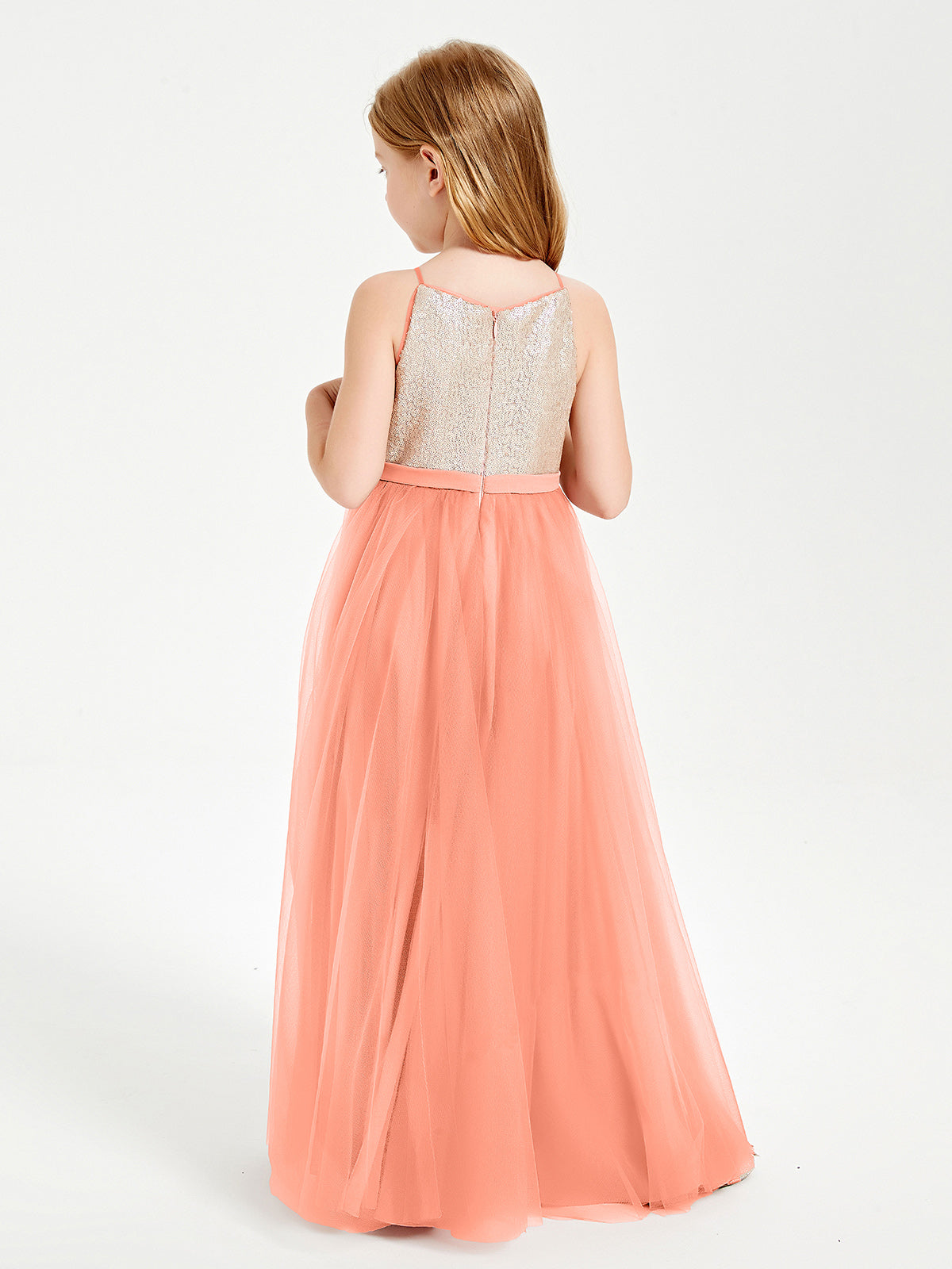 Sequined Top Long Tulle Junior Bridesmaid Gown Sunset